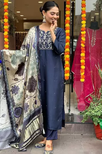 Navy blue embroidered chanderi viscose kurta set with dupatta