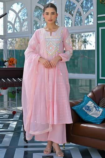 Blooming light pink cotton salwar suit with embroidered and lace work