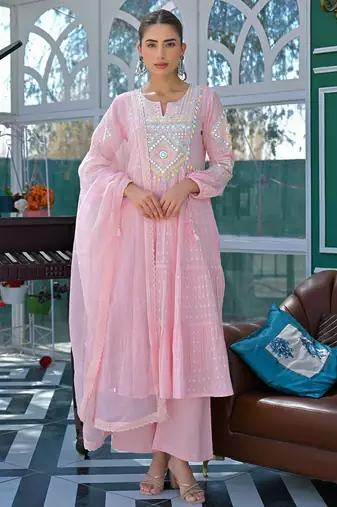 Blooming light pink cotton salwar suit with embroidered and lace work