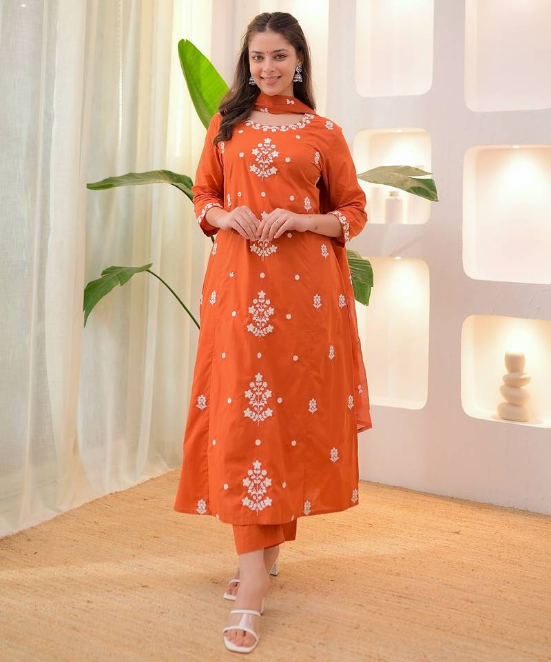 Rayon orange embroidered salwar kameez