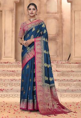  Navy Blue Dola silk blend Saree with Rich Gold Zari Border & Contrast Pink Designer Pallu | Festive & Wedding Wear 1