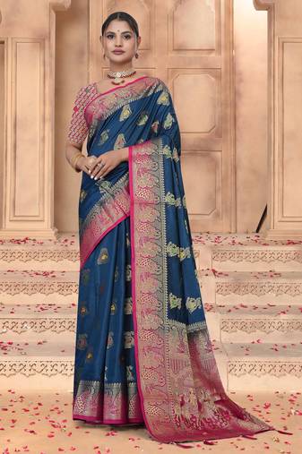 Maharanga Navy Blue Dola Silk Saree with Rich Gold Zari Border & Contrast Pink Designer Pallu | Festive & Wedding Wear