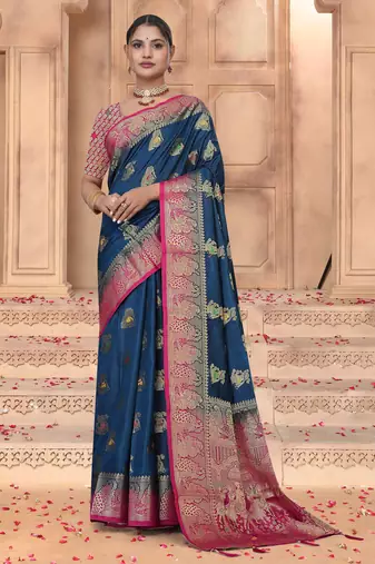 Maharanga Navy Blue Dola Silk Saree with Rich Gold Zari Border & Contrast Pink Designer Pallu | Festive & Wedding Wear