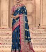 Maharanga Navy Blue Dola Silk Saree with Rich Gold Zari Border & Contrast Pink Designer Pallu | Festive & Wedding Wear