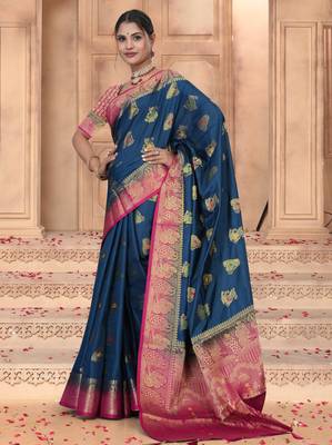  Navy Blue Dola silk blend Saree with Rich Gold Zari Border & Contrast Pink Designer Pallu | Festive & Wedding Wear 2