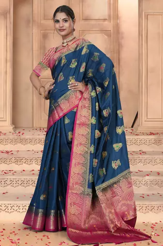  Navy Blue Dola silk blend Saree with Rich Gold Zari Border & Contrast Pink Designer Pallu | Festive & Wedding Wear