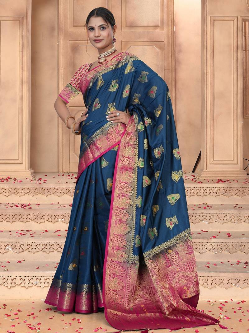Maharanga Navy Blue Dola Silk Saree with Rich Gold Zari Border & Contrast Pink Designer Pallu | Festive & Wedding Wear