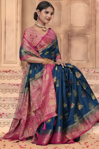  Navy Blue Dola silk blend Saree with Rich Gold Zari Border & Contrast Pink Designer Pallu | Festive & Wedding Wear