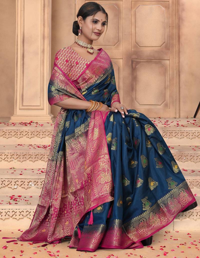 Maharanga Navy Blue Dola Silk Saree with Rich Gold Zari Border & Contrast Pink Designer Pallu | Festive & Wedding Wear