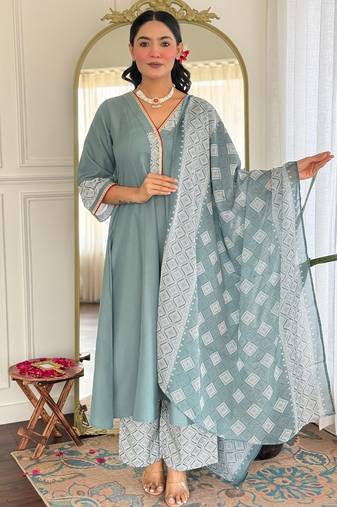 Aqua grey embroidered rayon salwar suit