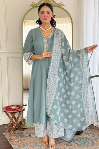 Aqua grey embroidered rayon salwar suit