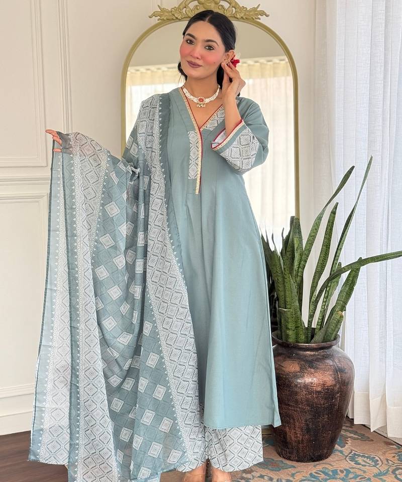 Aqua grey embroidered rayon salwar suit