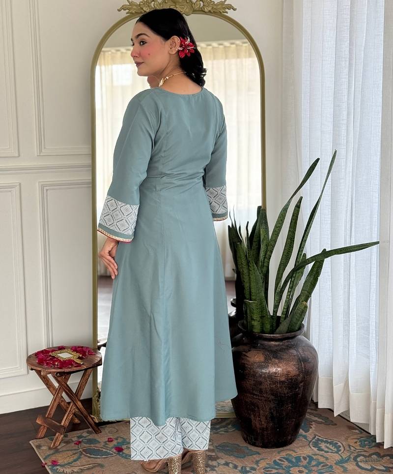 Aqua grey embroidered rayon salwar suit