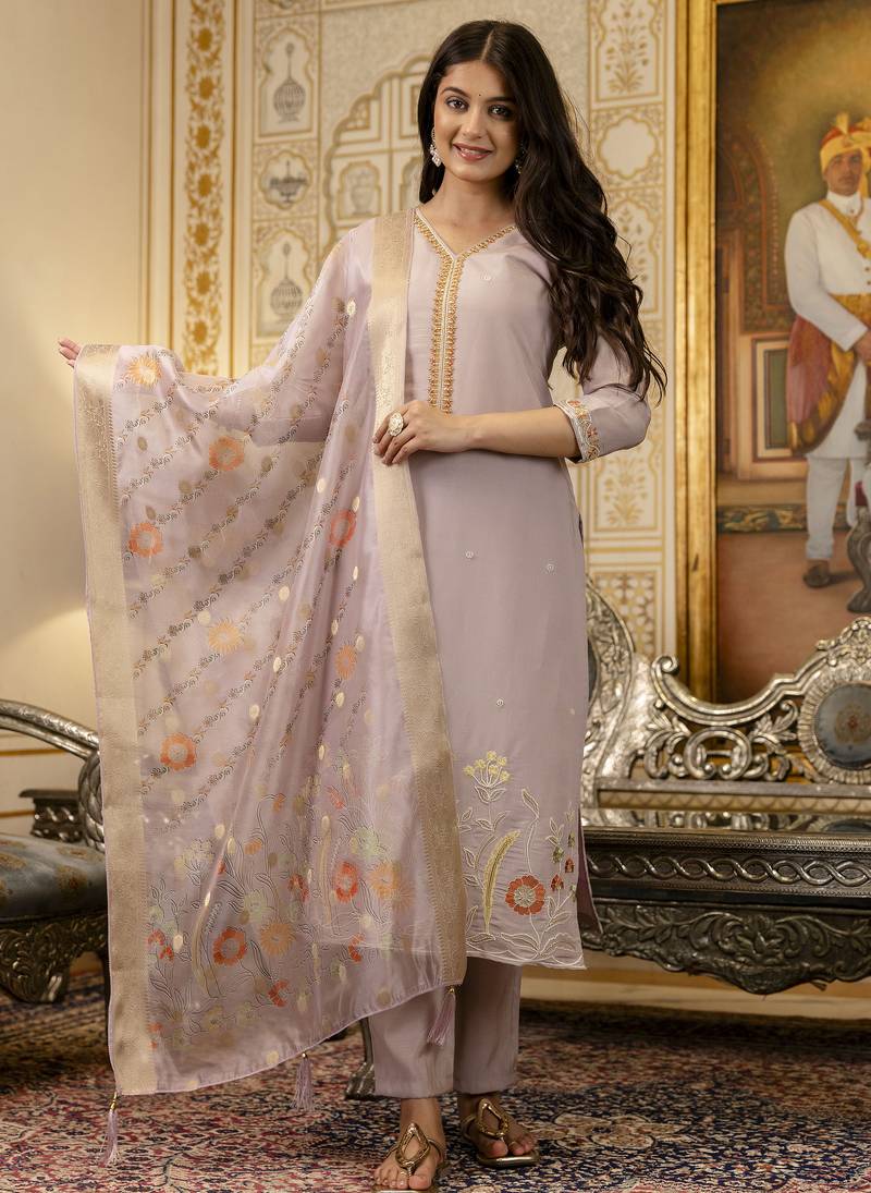 Light lavender embroidered viscose festival salwar suit