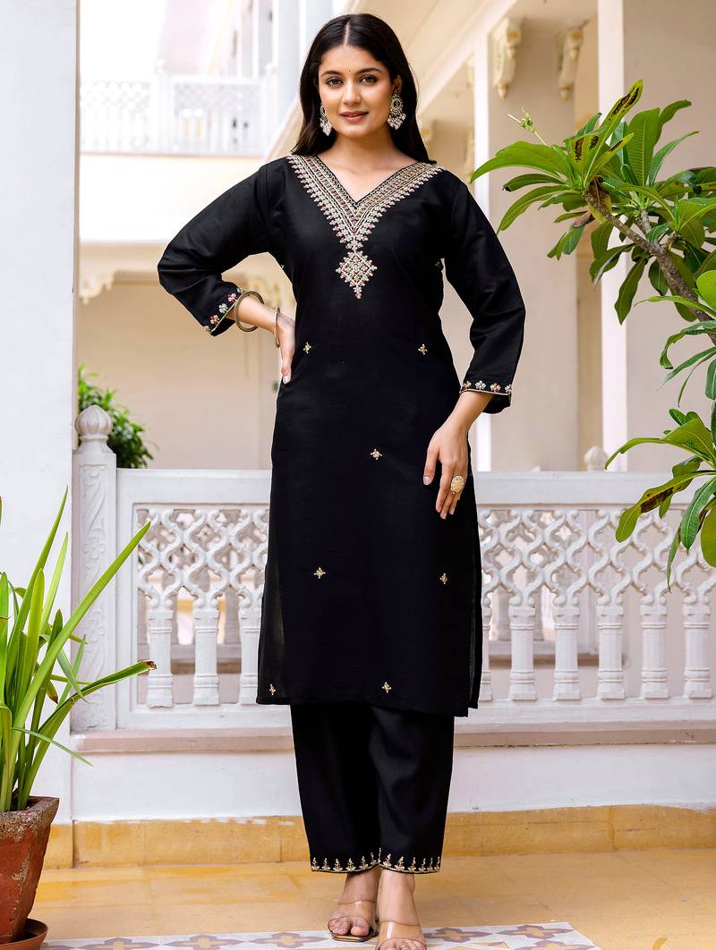 Embroidered viscose chanderi black salwar kameez