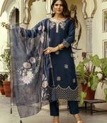 Navy blue viscose chanderi salwar suit with embroidered work