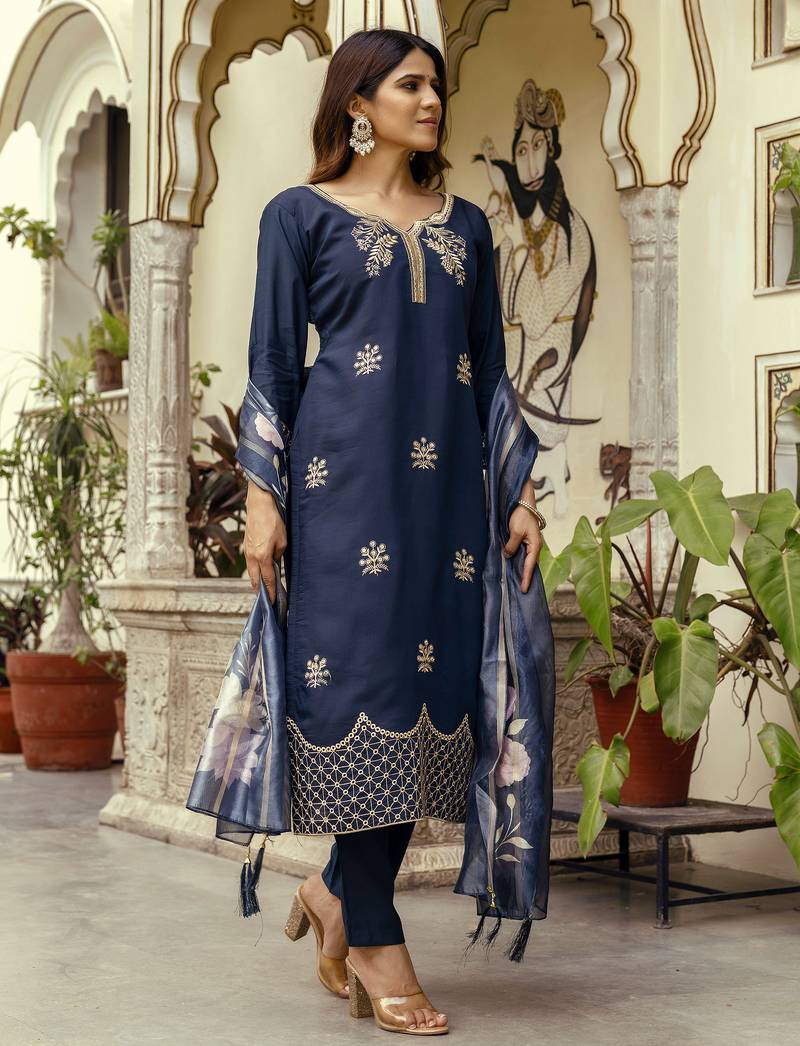 Navy blue viscose chanderi salwar suit with embroidered work