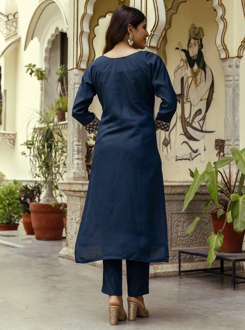 Navy blue viscose chanderi salwar suit with embroidered work