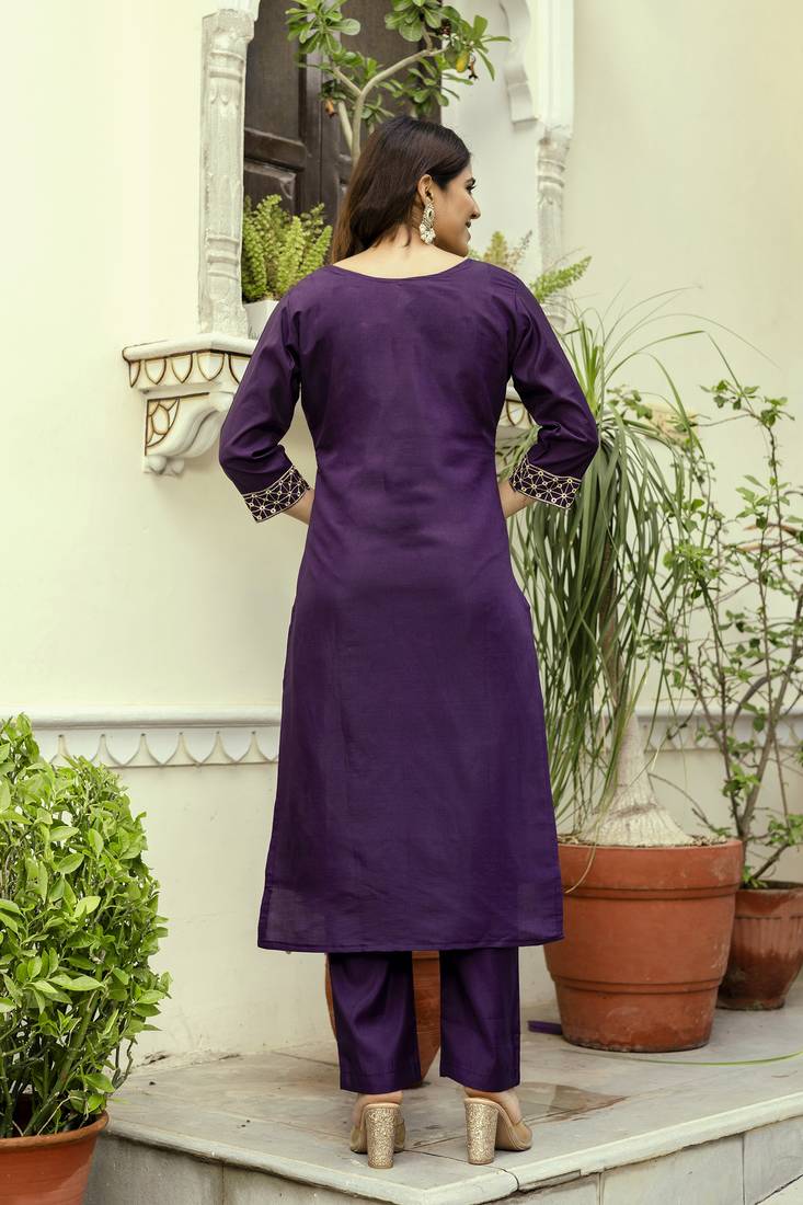 Purple viscose chanderi salwar suit with embroidered work
