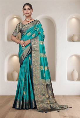  Aqua Green Dola silk blend Saree with Heavy Gold Zari Border & Designer Pallu | Wedding & Festive Wear 1