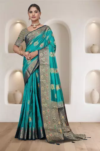 Maharanga Aqua Green Dola Silk Saree with Heavy Gold Zari Border & Designer Pallu | Wedding & Festive Wear