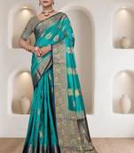 Maharanga Aqua Green Dola Silk Saree with Heavy Gold Zari Border & Designer Pallu | Wedding & Festive Wear