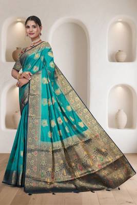  Aqua Green Dola silk blend Saree with Heavy Gold Zari Border & Designer Pallu | Wedding & Festive Wear 2
