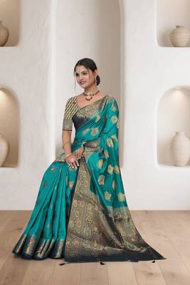  Aqua Green Dola silk blend Saree with Heavy Gold Zari Border & Designer Pallu | Wedding & Festive Wear 3