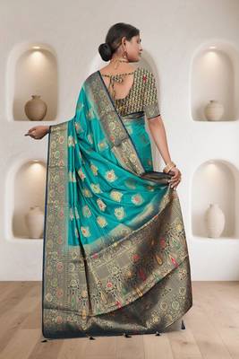  Aqua Green Dola silk blend Saree with Heavy Gold Zari Border & Designer Pallu | Wedding & Festive Wear 4