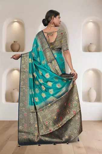  Aqua Green Dola silk blend Saree with Heavy Gold Zari Border & Designer Pallu | Wedding & Festive Wear