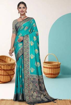  Teal Green Dola silk blend Saree with Heavy Gold Zari Border & Designer Pallu | Wedding & Festive Wear 1