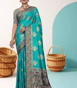 Maharanga Teal Green Dola Silk Saree with Heavy Gold Zari Border & Designer Pallu | Wedding & Festive Wear
