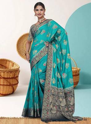 Teal Green Dola silk blend Saree with Heavy Gold Zari Border & Designer Pallu | Wedding & Festive Wear 2