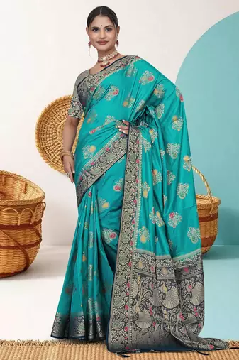  Teal Green Dola silk blend Saree with Heavy Gold Zari Border & Designer Pallu | Wedding & Festive Wear