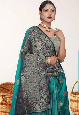  Teal Green Dola silk blend Saree with Heavy Gold Zari Border & Designer Pallu | Wedding & Festive Wear 3