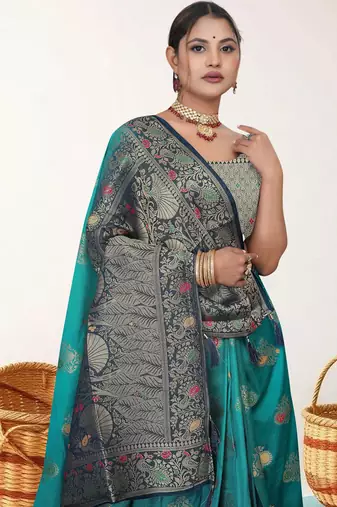  Teal Green Dola silk blend Saree with Heavy Gold Zari Border & Designer Pallu | Wedding & Festive Wear