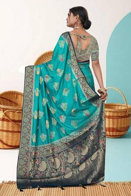  Teal Green Dola silk blend Saree with Heavy Gold Zari Border & Designer Pallu | Wedding & Festive Wear 4
