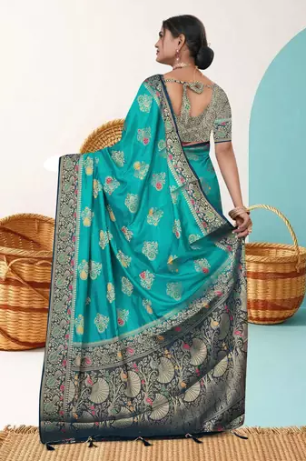  Teal Green Dola silk blend Saree with Heavy Gold Zari Border & Designer Pallu | Wedding & Festive Wear