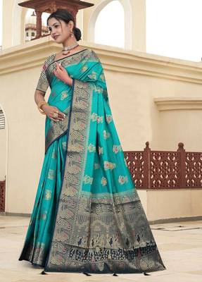 Teal Green Dola silk blend Saree with Heavy Gold Zari Border & Traditional Designer Pallu | Wedding & Festive Wear 1