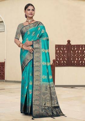 Teal Green Dola silk blend Saree with Heavy Gold Zari Border & Traditional Designer Pallu | Wedding & Festive Wear 2