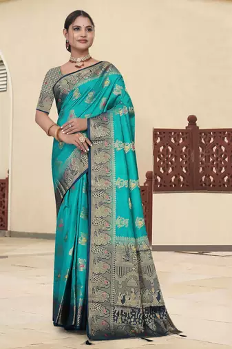 Teal Green Dola silk blend Saree with Heavy Gold Zari Border & Traditional Designer Pallu | Wedding & Festive Wear