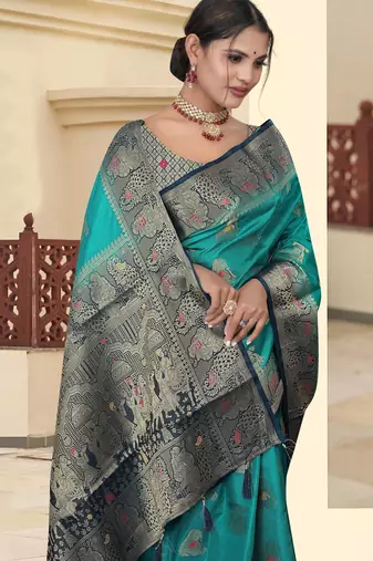 Teal Green Dola silk blend Saree with Heavy Gold Zari Border & Traditional Designer Pallu | Wedding & Festive Wear