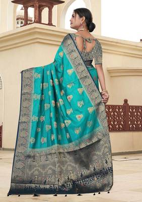 Teal Green Dola silk blend Saree with Heavy Gold Zari Border & Traditional Designer Pallu | Wedding & Festive Wear 4