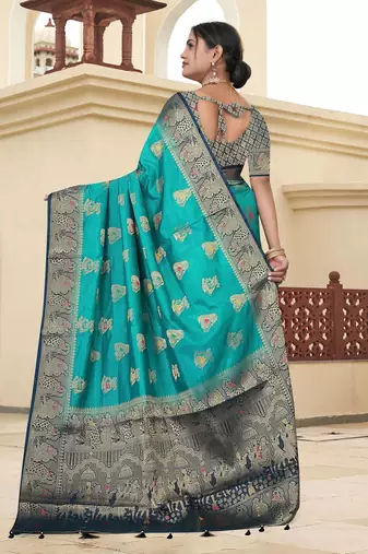 Teal Green Dola silk blend Saree with Heavy Gold Zari Border & Traditional Designer Pallu | Wedding & Festive Wear