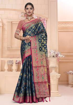 Navy Blue Dola silk blend Saree with Heavy Gold Zari Border & Rani Pink Designer Pallu | Wedding & Festive Wear 1