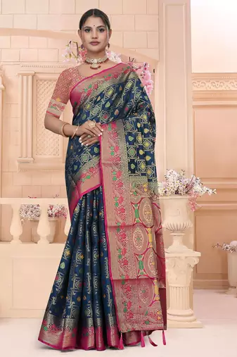 Navy Blue Dola Silk Saree with Heavy Gold Zari Border & Rani Pink Designer Pallu | Wedding & Festive Wear
