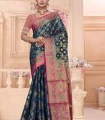 Navy Blue Dola Silk Saree with Heavy Gold Zari Border & Rani Pink Designer Pallu | Wedding & Festive Wear