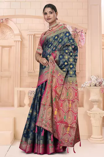 Navy Blue Dola silk blend Saree with Heavy Gold Zari Border & Rani Pink Designer Pallu | Wedding & Festive Wear