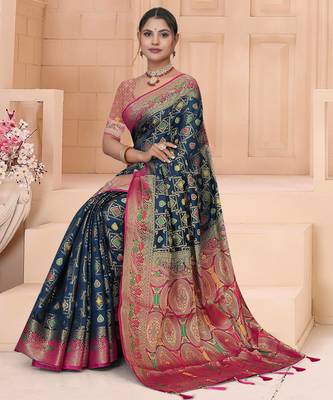 Navy Blue Dola silk blend Saree with Heavy Gold Zari Border & Rani Pink Designer Pallu | Wedding & Festive Wear 3