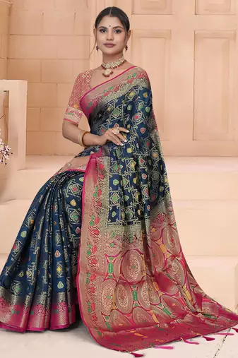 Navy Blue Dola silk blend Saree with Heavy Gold Zari Border & Rani Pink Designer Pallu | Wedding & Festive Wear